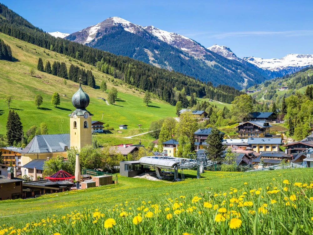 View over Saalbach village in summer, Austria