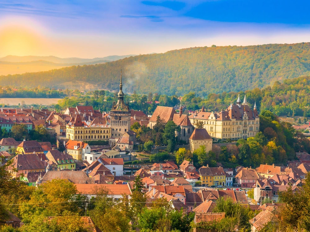 Panoramic view over the medieval fortress Sighisoara city, Transylvania, Romania