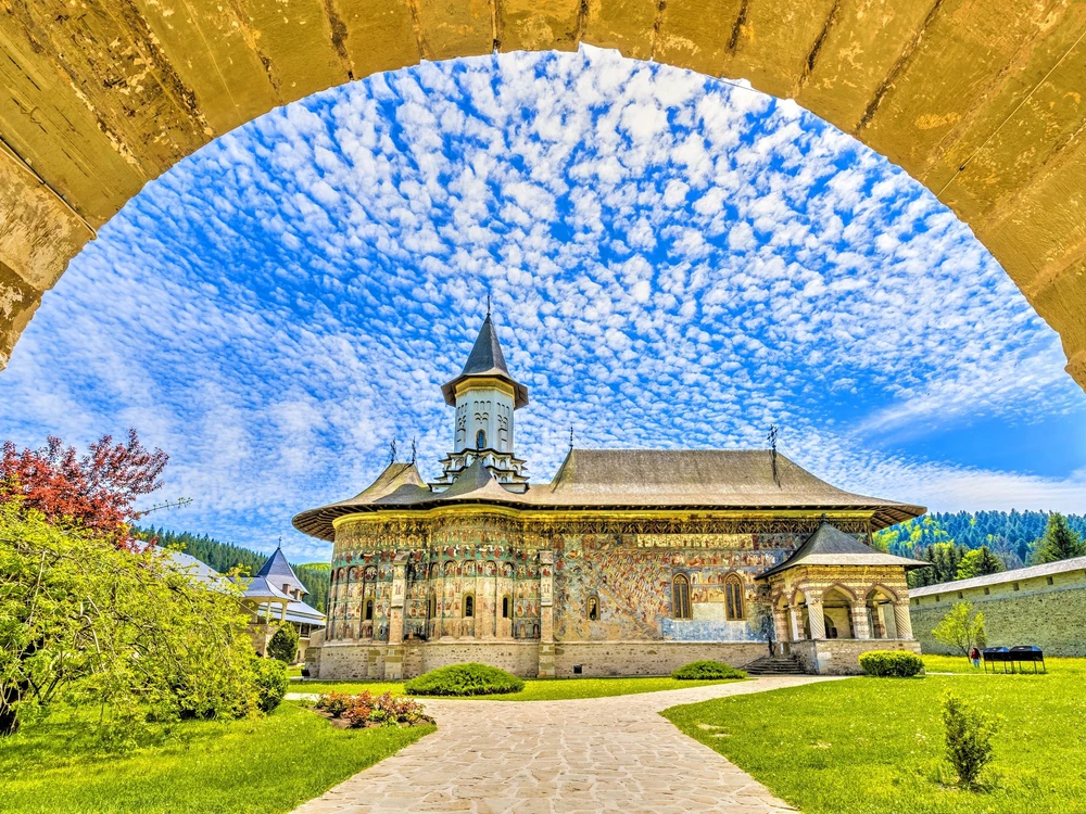Sucevita orthodox painted church monastery, Suceava landmark, Moldavia, Bucovina, Romania