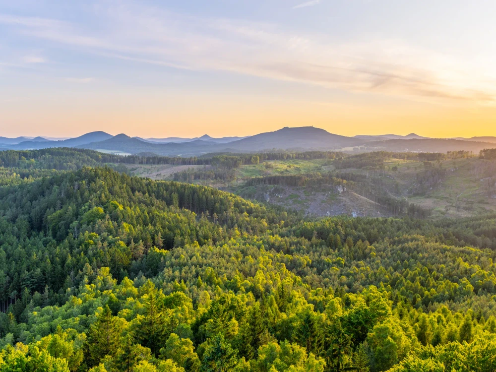 A breathtaking sunset casts golden hues over the Lusatian Mountains, viewed from the heights of Popov Cliffs. Dense forests stretch across the landscape, creating a serene evening atmosphere.
