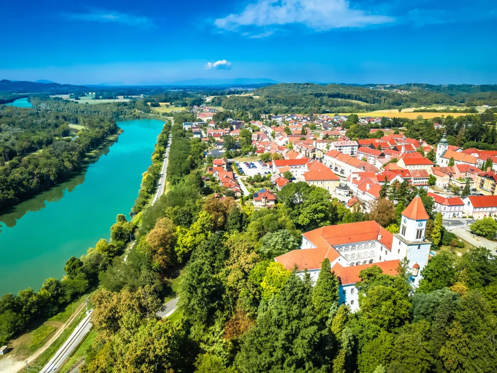 Town of Ormoz and Drava river border between Slovenia and Croatia aerial view, eastern Europe