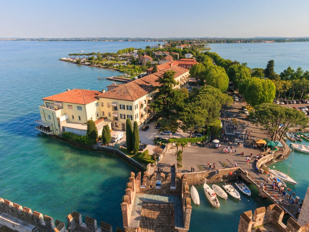 A view in southern direction at the Italian town of Sirmione seen from scaliger castle