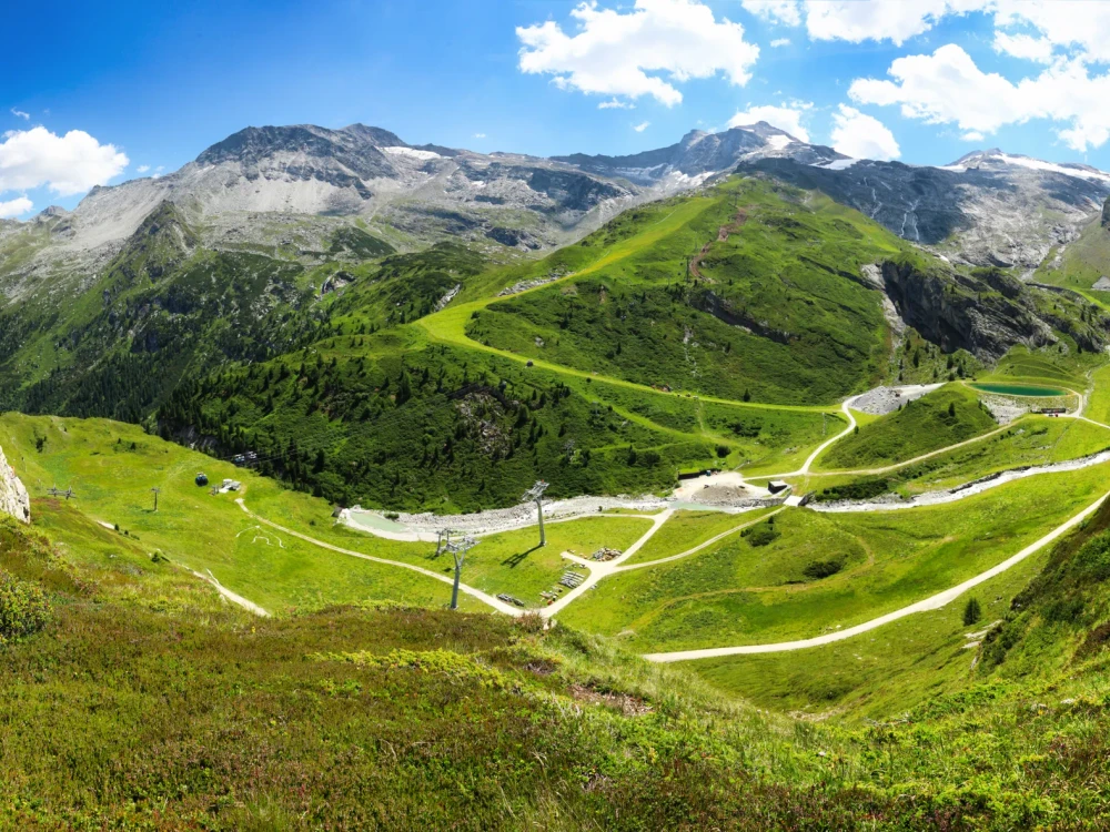 Panorama of green Alpine summer view at the famous Hintertux glacier, Tux, Schwaz, Zell am Ziller, Tyrol, Austria
