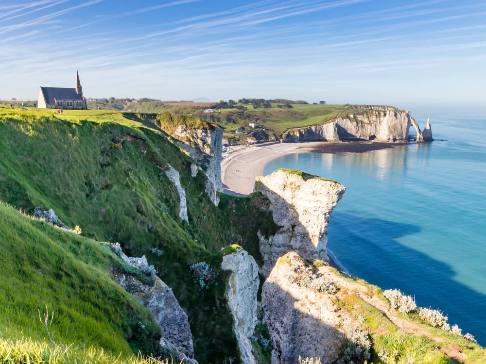 Aiguille Etretat cliff on the sea side and  limestone cliffs in France