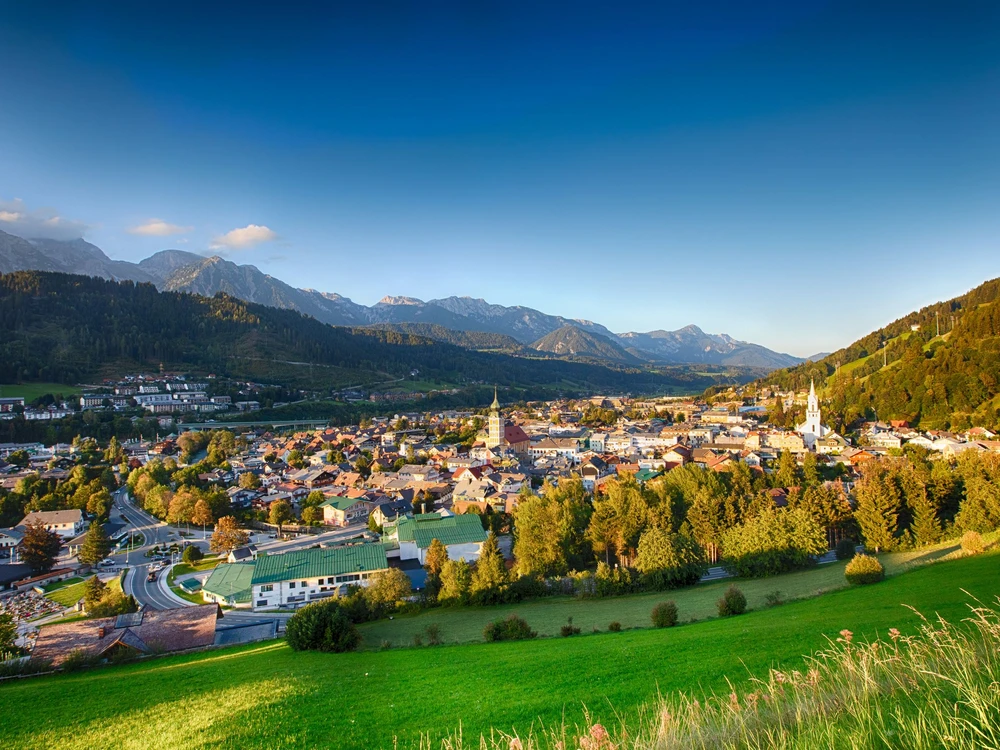 Schladming in the Austrian Ennstal in Styria during summer and autumn time. Cityscape view during evening light.