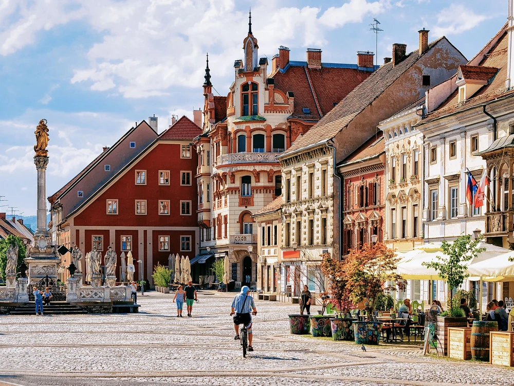 Slovenian city of Maribor Town Hall and Plague Column on the central square of the city. Lower Styria region, in Slovenia