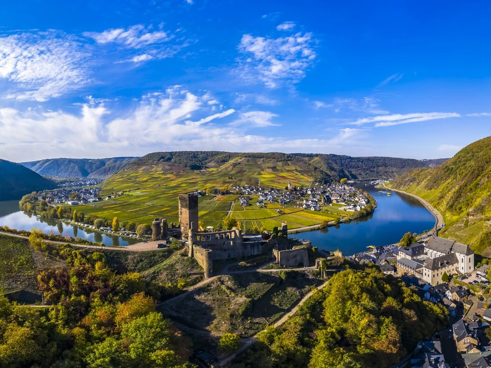 Aerial view, Poltersdorf with vineyards and the castle Metternich, Mosel, Cochem-Zell district, Rhineland-Palatinate, Germany