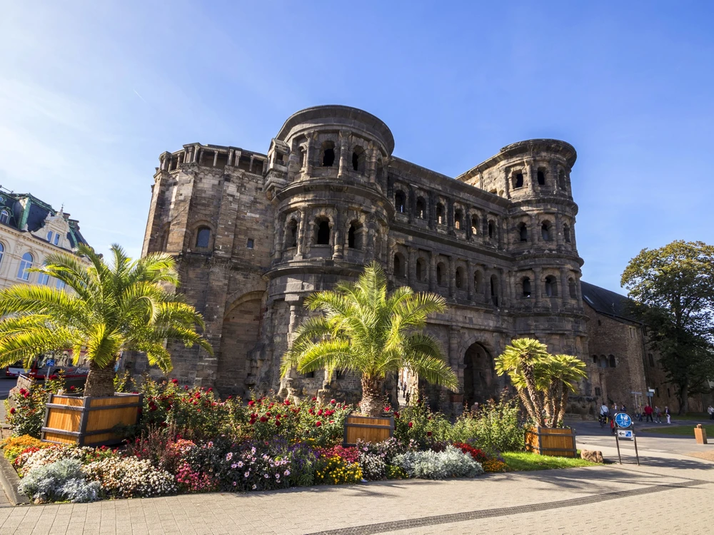 Trier, Germany. The Porta Nigra (Latin for black gate), a large Roman city gate of the ancient city of Augusta Treverorum. A World Heritage Site since 1986