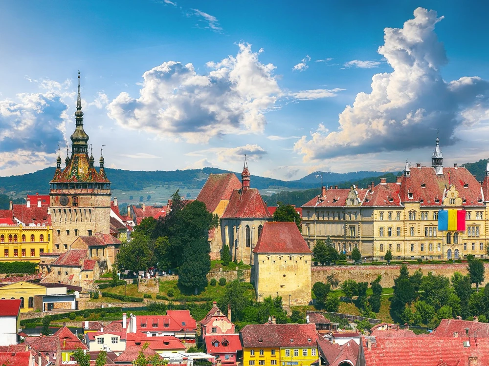 Panoramic summer view over the medieval cityscape architecture in Sighisoara town, historical region of Transylvania, Romania, Europe