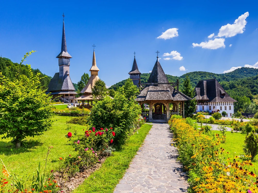 Barsana, Romania. Wooden churches at Barsana Monastery. Maramures region.