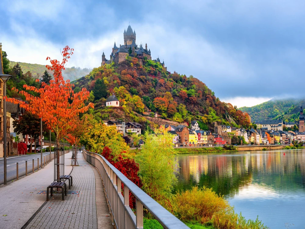 Cochem historical romantic town on Moselle river valley, Germany, in red autumn colors