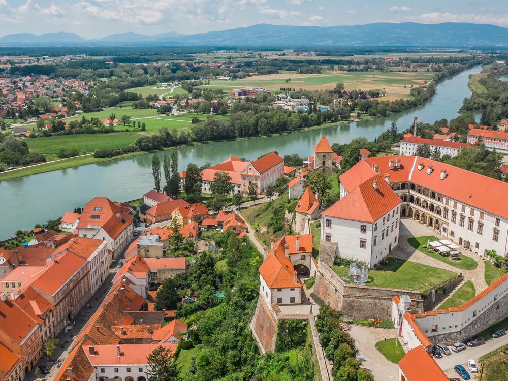 Aerial view of Ptuj small and beautiful town in Sloveina