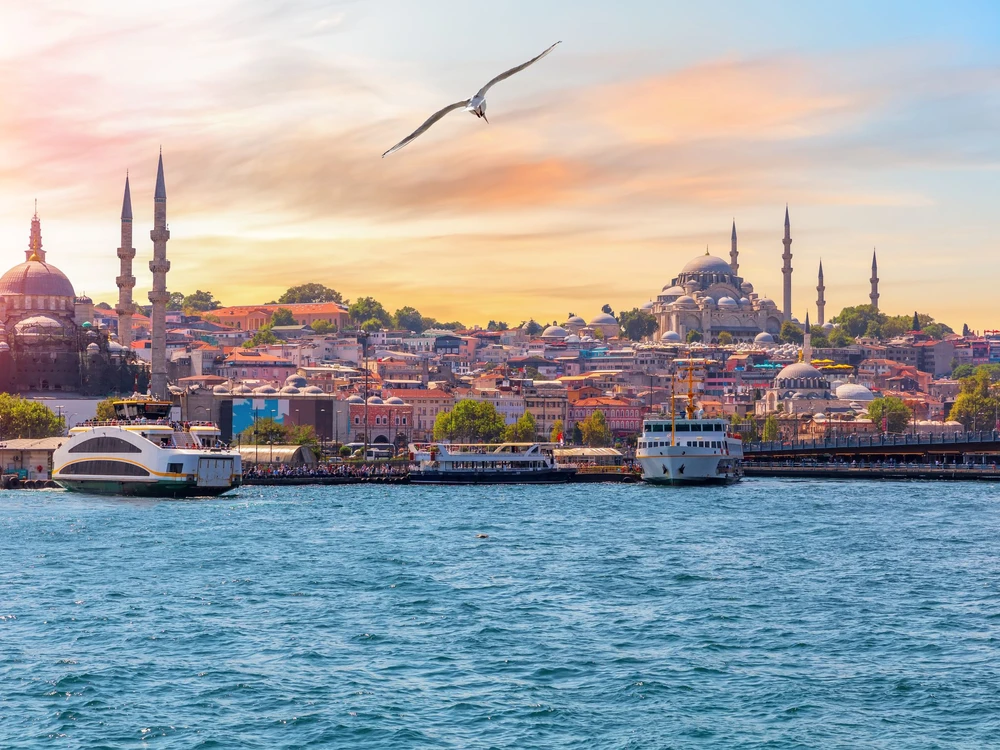 The Suleymaniye Mosque and the Rustem Pasha Mosque, view from the Bosphorus, Istanbul, Turkey.