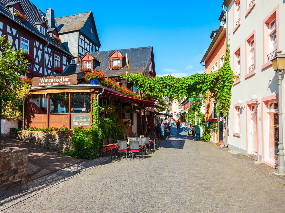 RUDESHEIM AM RHEIN, GERMANY - JUNE 25, 2018: Rudesheim city centre, winemaking town in the Rhine Valley in Germany.
