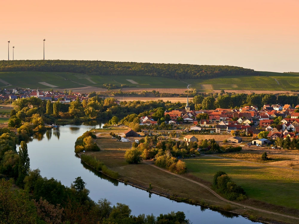 Blick auf Fahr am Main und die Weinberge an der Volkacher Mainschleife, Unterfanken, Bayern, Deutschland