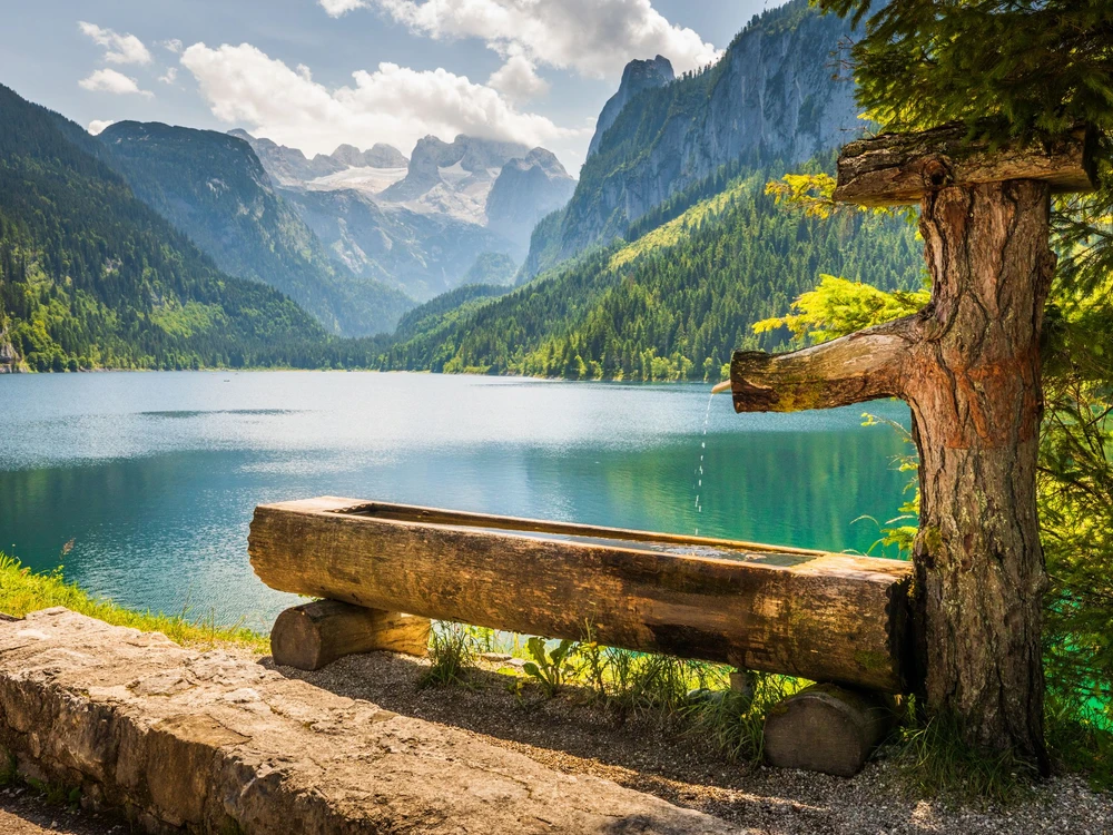 Drinking basin by Gosausee lake, Dachstein mountain range behind, Austria