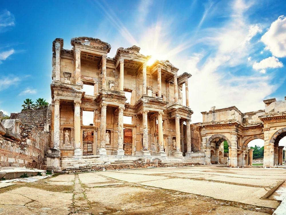Panorama of the Library of Celsus in Ephesus in the afternoon. Turkey. UNESCO cultural heritage