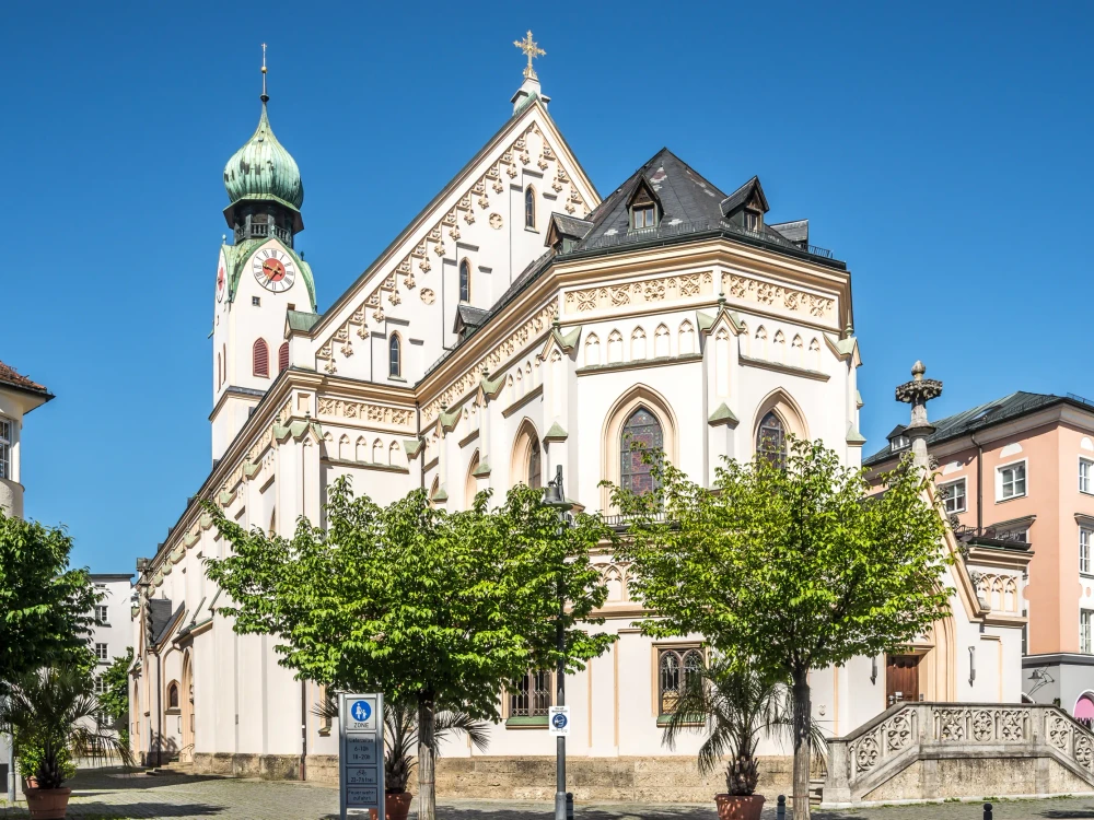 View at the Church of Saint Nicholas in the streets of Rosenheim in Germany