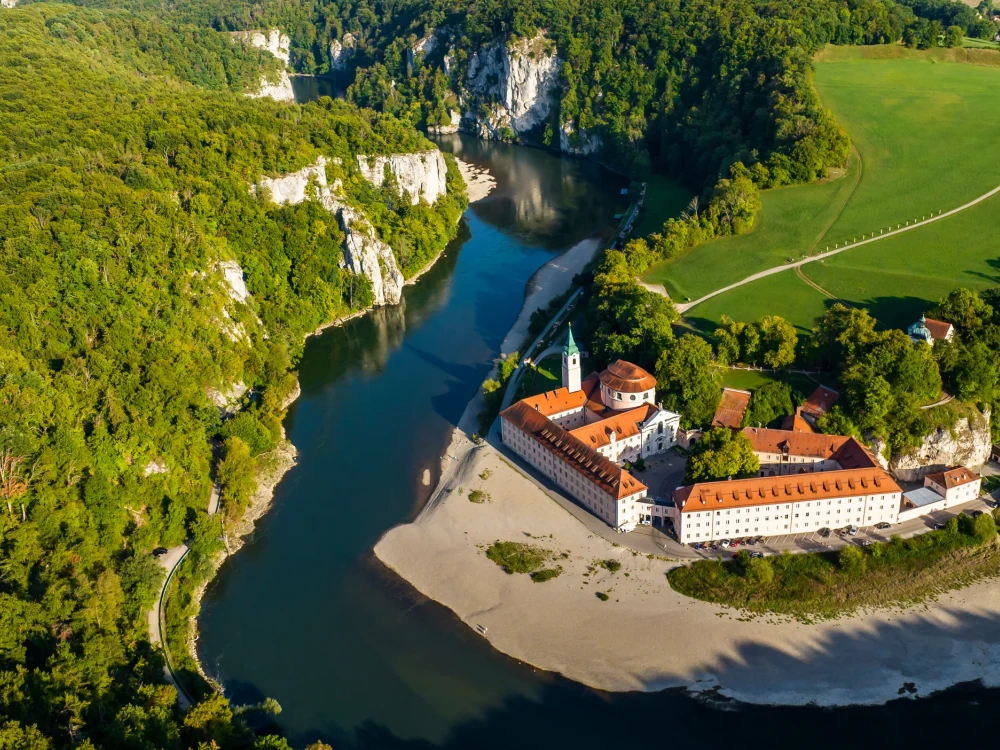 Aerial view of Weltenburg Monastery, Benedictine Abbey, on the Danube, Kelheim, Bavaria, Germany