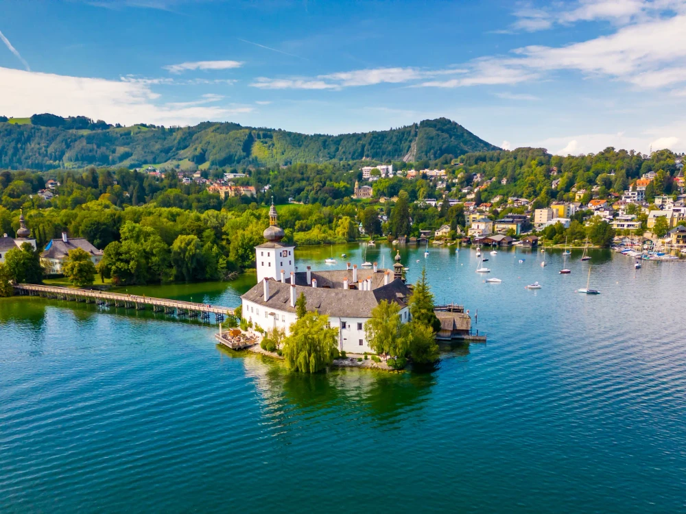 Schloss Ort (or Schloss Orth) is an Austrian castle situated in the Traunsee lake, in Gmunden. Aerial drone view.