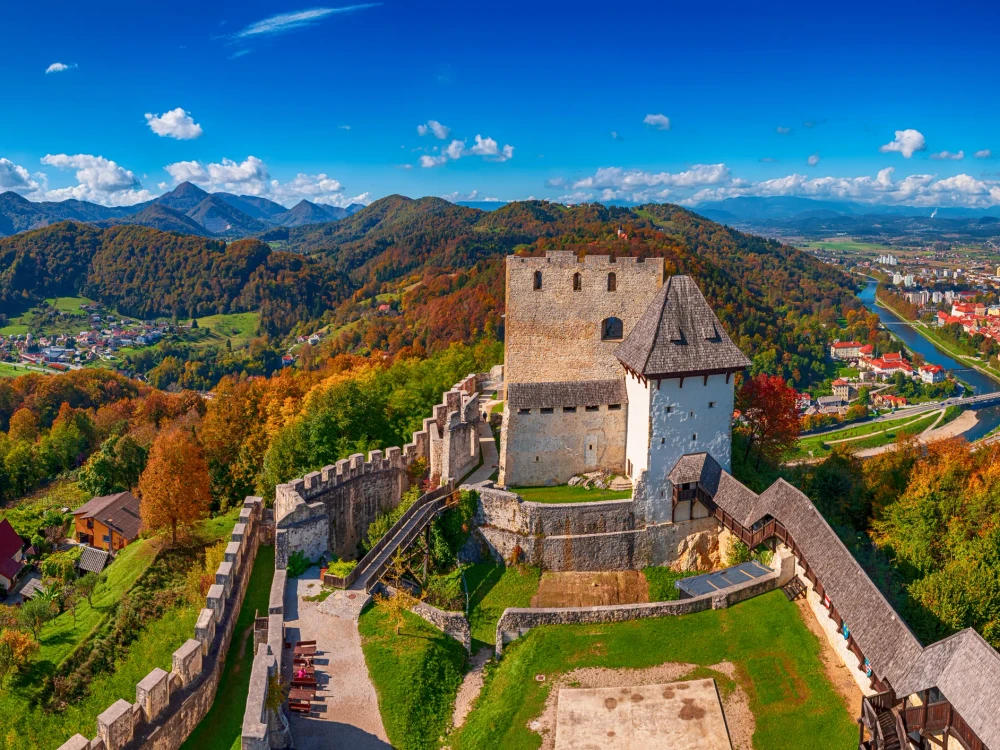 Medieval old castle in Celje city, Slovenia. Travel outdoor touristic background with amazing panoramic autumn view