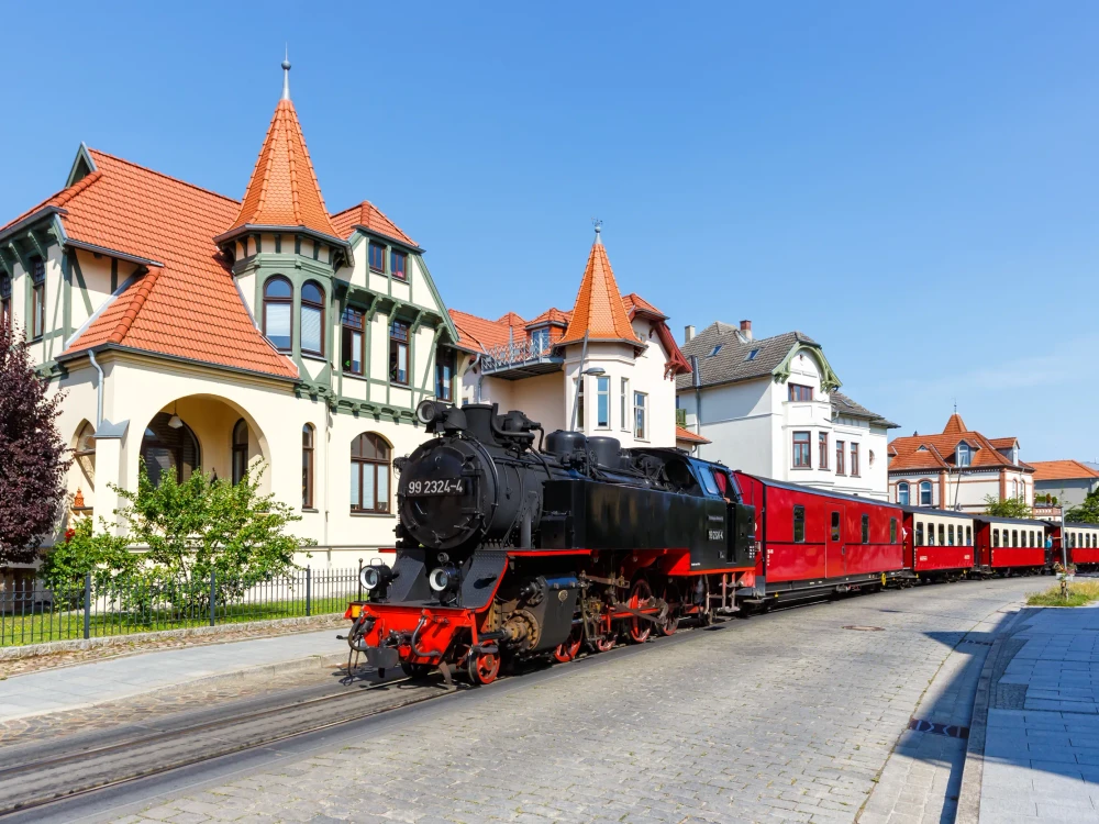 Baederbahn Molli steam train locomotive railway rail in Bad Doberan, Germany