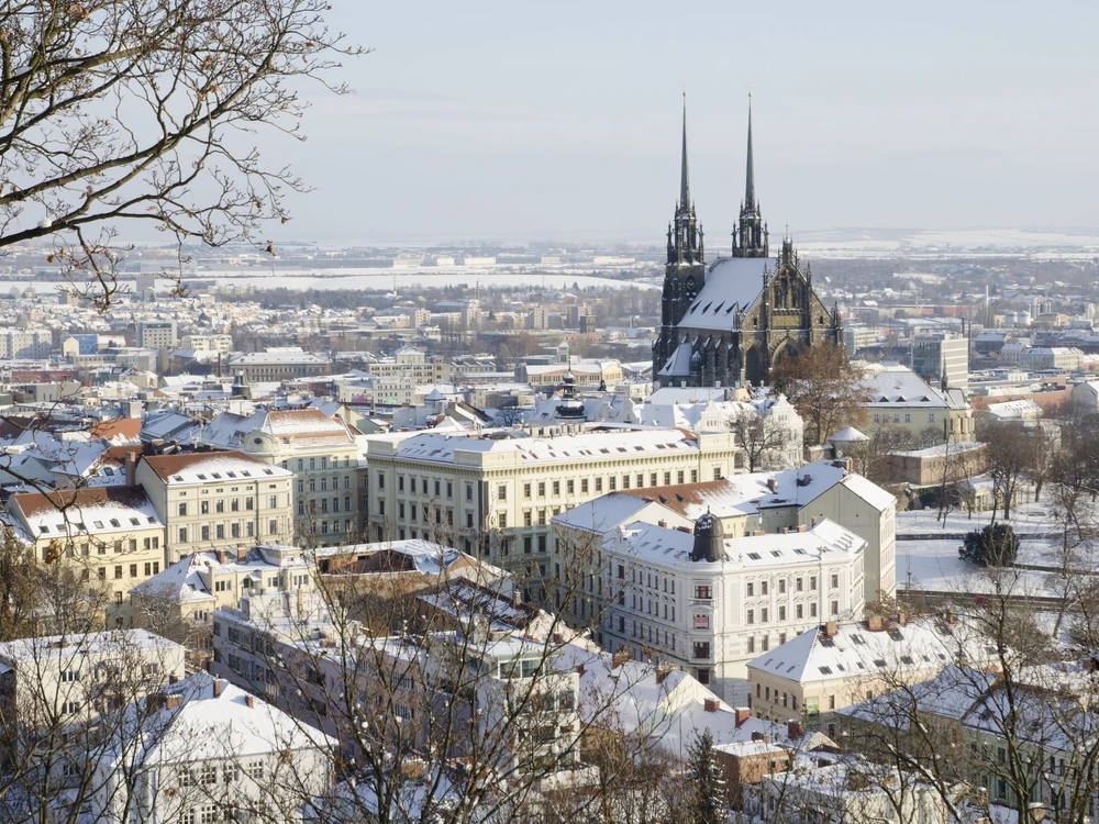 Wintryr historic center of Brno city with Petrov cathedral, Czech republic