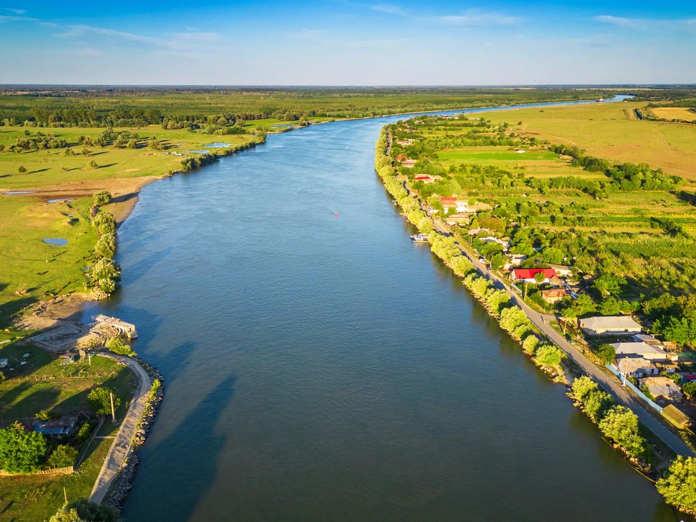 Tulcea, Romania. Sulina Branch, marine navigation on Danube River, Partizani village.