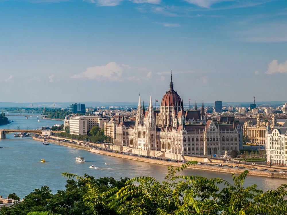 Panorama view from Buda at the parliament with Danube river in Budapest
