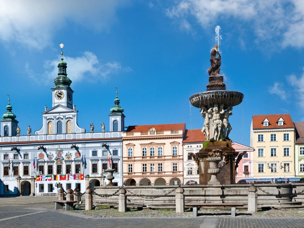 CESKE BUDEJOVICE, CZECH REPUBLIC - JULY 15 - Premysl Otakar square with baroque town hall and Samson fountain on July 15, 2013 in Ceske Budejovice town, Southern Bohemian region, Czech republic, Europe