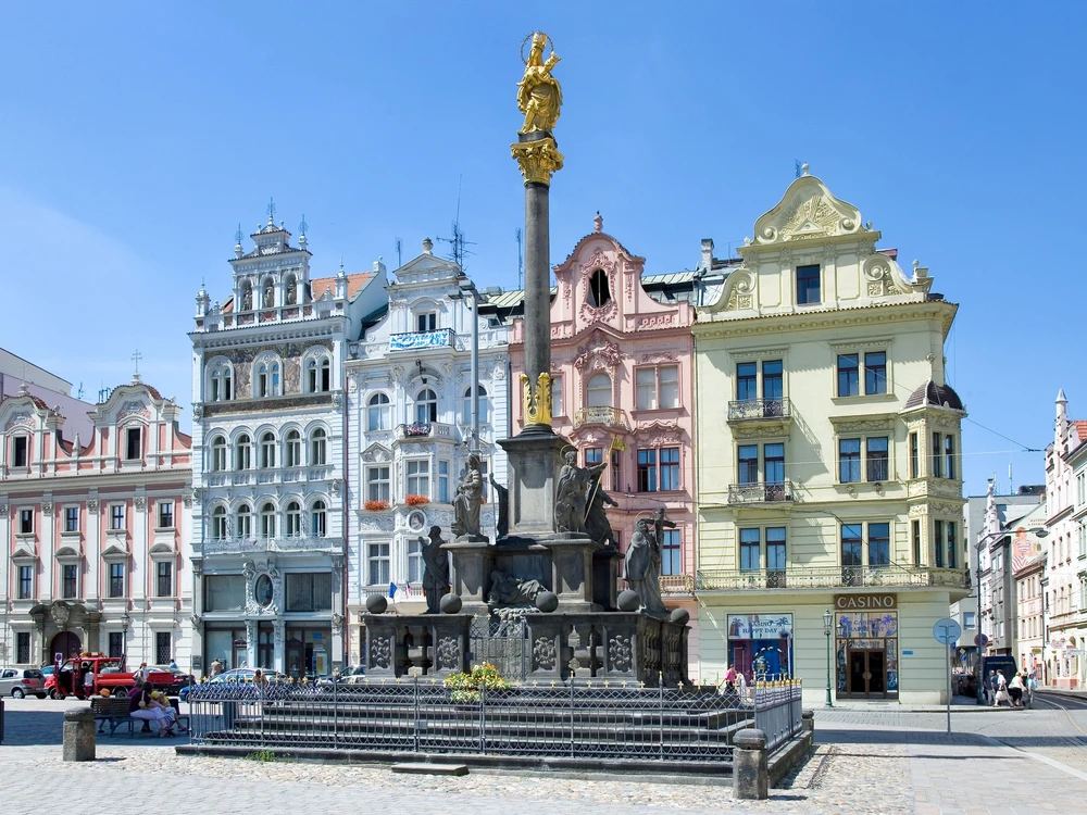 PLZEN, CZECH REPUBLIC - circa AUGUST - marian pillar and historic houses, Plzen town, West Bohemian region, Czech republic. Plzen earned the title European Capital of Culture for 2015.