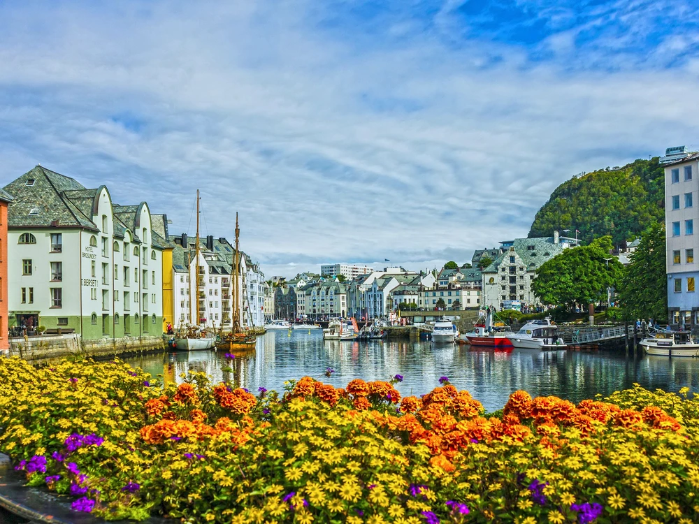 Seafront of town and sea port Alesund, Norway.