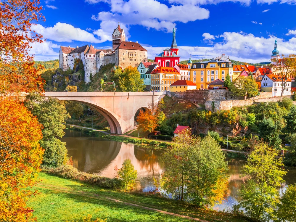 Loket, Czech Republic. Charming colorful old town in Sudetenland, Ohre River autumn scenic in Bohemia.