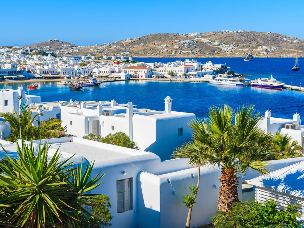 A view of Mykonos port and town, island of Mykonos, Cyclades, Greece