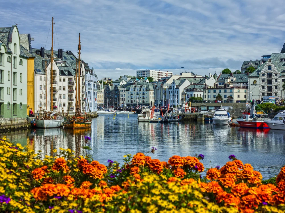 Alesund, Norway - Sep 4, 2017: Alesund old town seafront view, Norway.