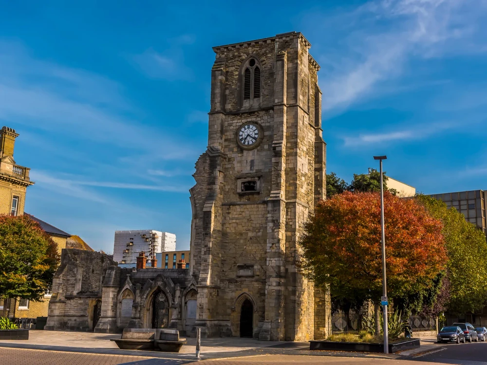 A view of  the ruins of a fourteen-century church in Southampton, UK in Autumn