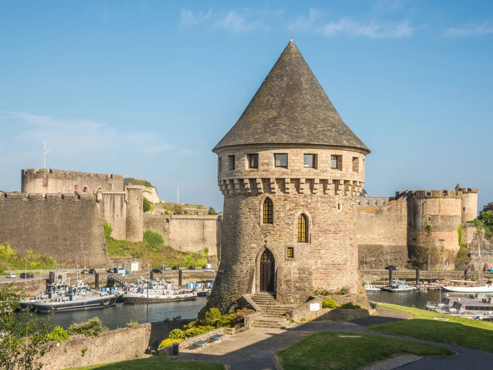 View at the Tanguy tower with Castle of Brest in the streets of Brest - France