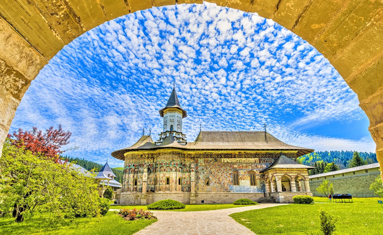 Sucevita orthodox painted church monastery, Suceava landmark, Moldavia, Bucovina, Romania