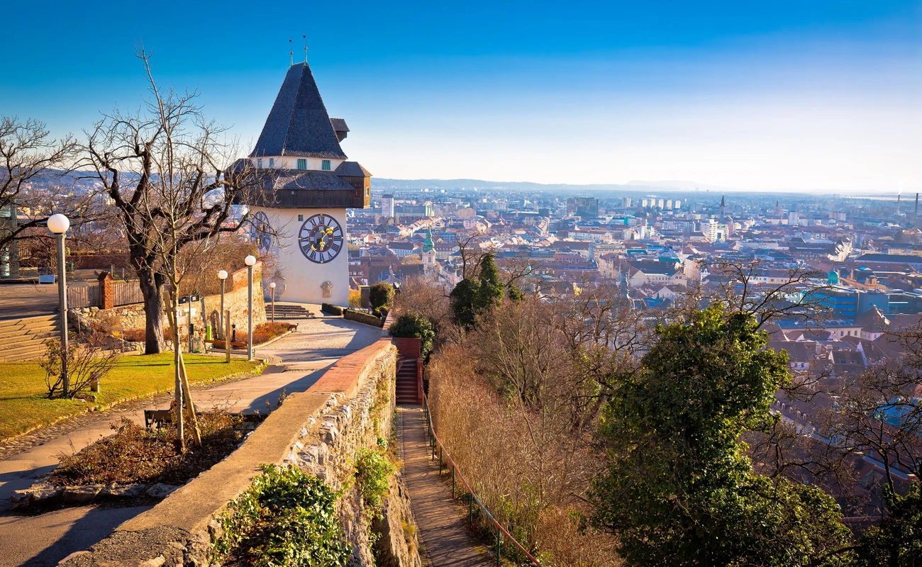 Uhrturm landmark and Graz cityscape aerial view, Styria region of Austria