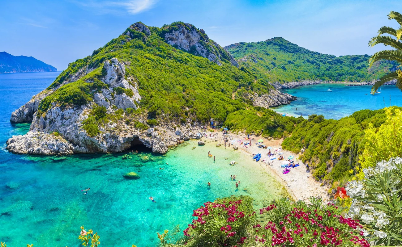 Aerial view of  Porto Timoni, Afionas region, Corfu