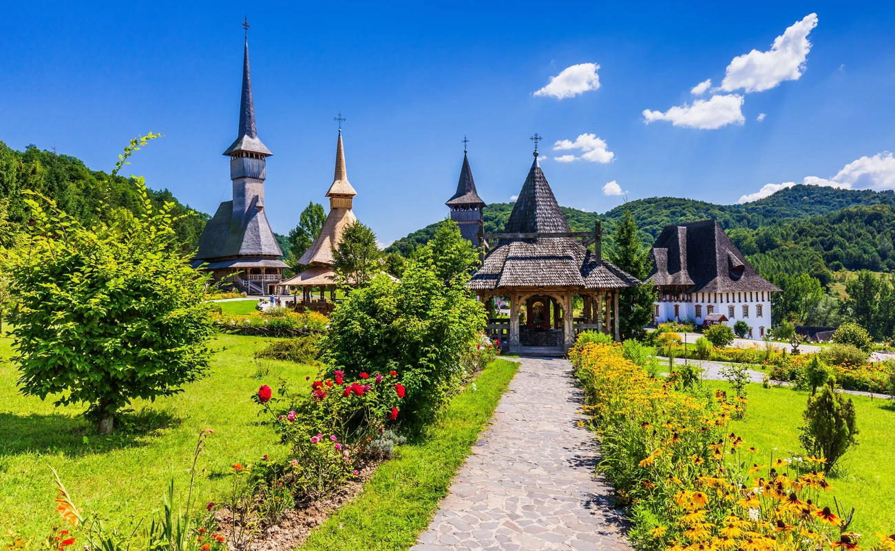 Barsana, Romania. Wooden churches at Barsana Monastery. Maramures region.