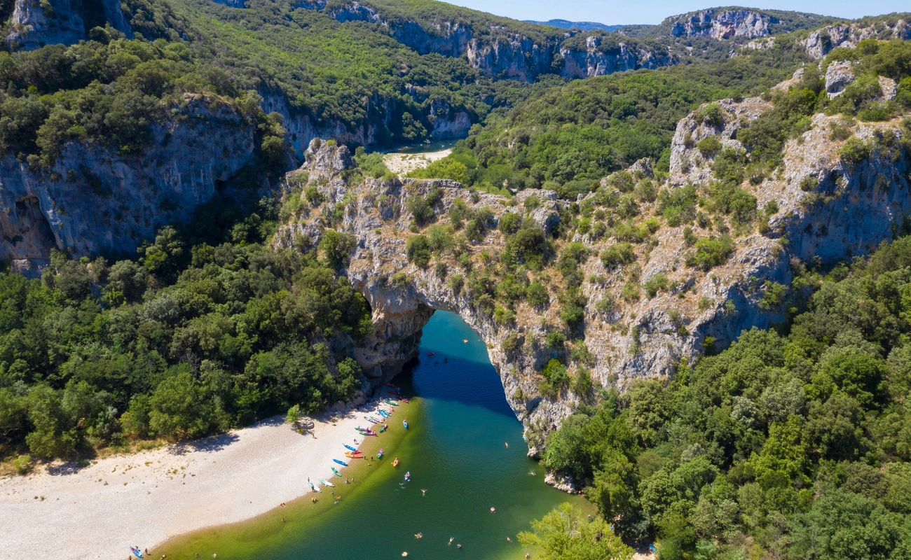 Aerial view of Narural arch in Vallon Pont D'arc in Ardeche canyon in France