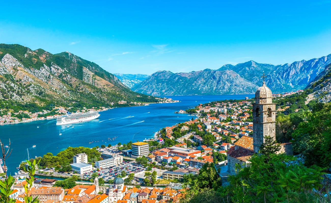 View on the old church and Kotor bay from above, Montenegro