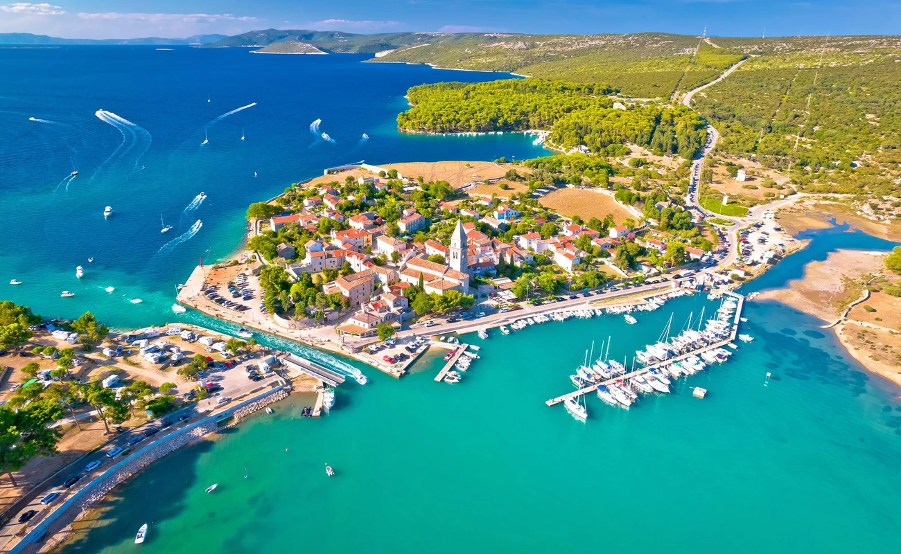 Town of Osor aerial view, bridge between Cres and Mali Losinj islands, Adriatic archpelago of Croatia