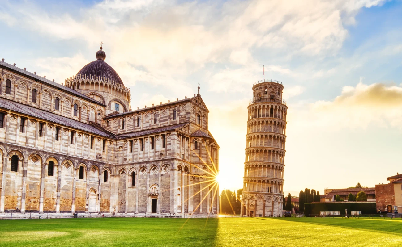 Pisa Leaning Tower Torre di Pisa and the Cathedral Duomo di Pisa at Sunrise, Pisa, Italy             Keywords:                        pisa, tower, leaning, sunset, sunrise, city, italy, cityscape, landscape, cathedral, monument, sunny, sun, tuscany, famous, architecture, blue, building, europe, european, green, italian, landmark, medieval, renaissance, sky, travel, square, ancient, attraction, basilica, church, culture, dome, duomo, historic, history, marble, old, piazza, pisa cathedral, pisa italy, pisa tower, toscana, grass, pisa night, art, urban, torre, white                           SHUTTERSTOCK CAPTION:                       Pisa, Italy - July 4: Pisa Leaning Tower Torre di Pisa on July 4, 2021 in Pisa. Pisa Leaning Tower is a major tourist attraction in Italy.                GETTY CAPTION:               Pisa, Italy - July 4, 2021: Pisa Leaning Tower Torre di Pisa and the Cathedral Duomo di Pisa. Pisa Leaning Tower is a major tourist attraction in Italy.
