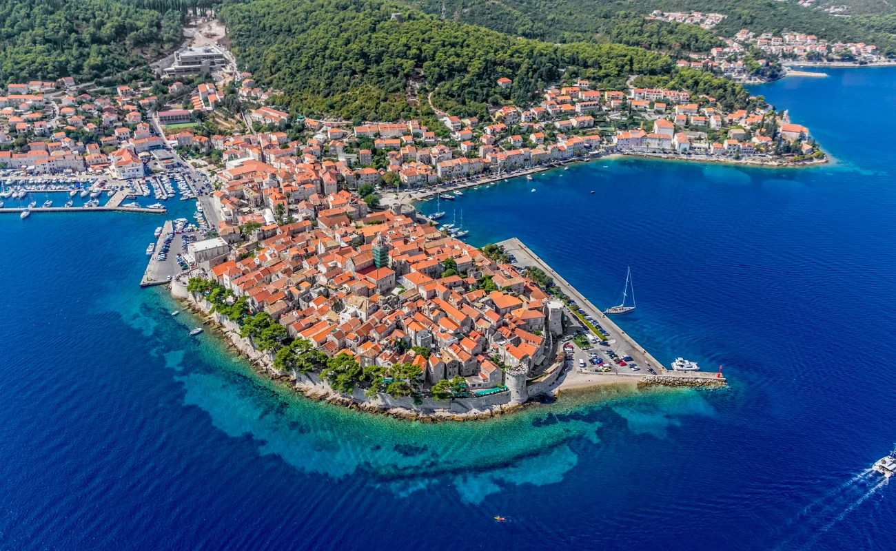 Aerial helicopter shoot of Korcula old town. Dubrovnik archipelago - Elaphites islands