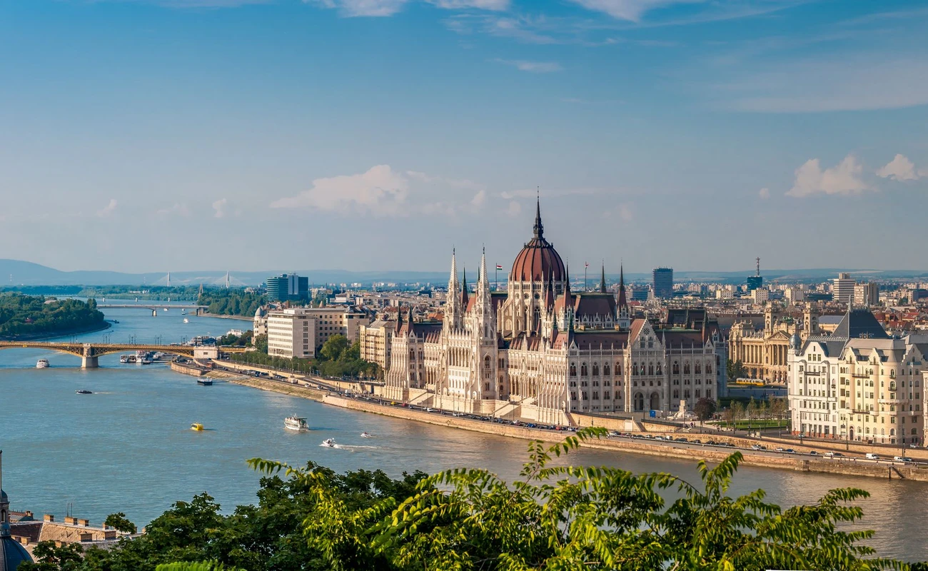 Panorama view from Buda at the parliament with Danube river in Budapest