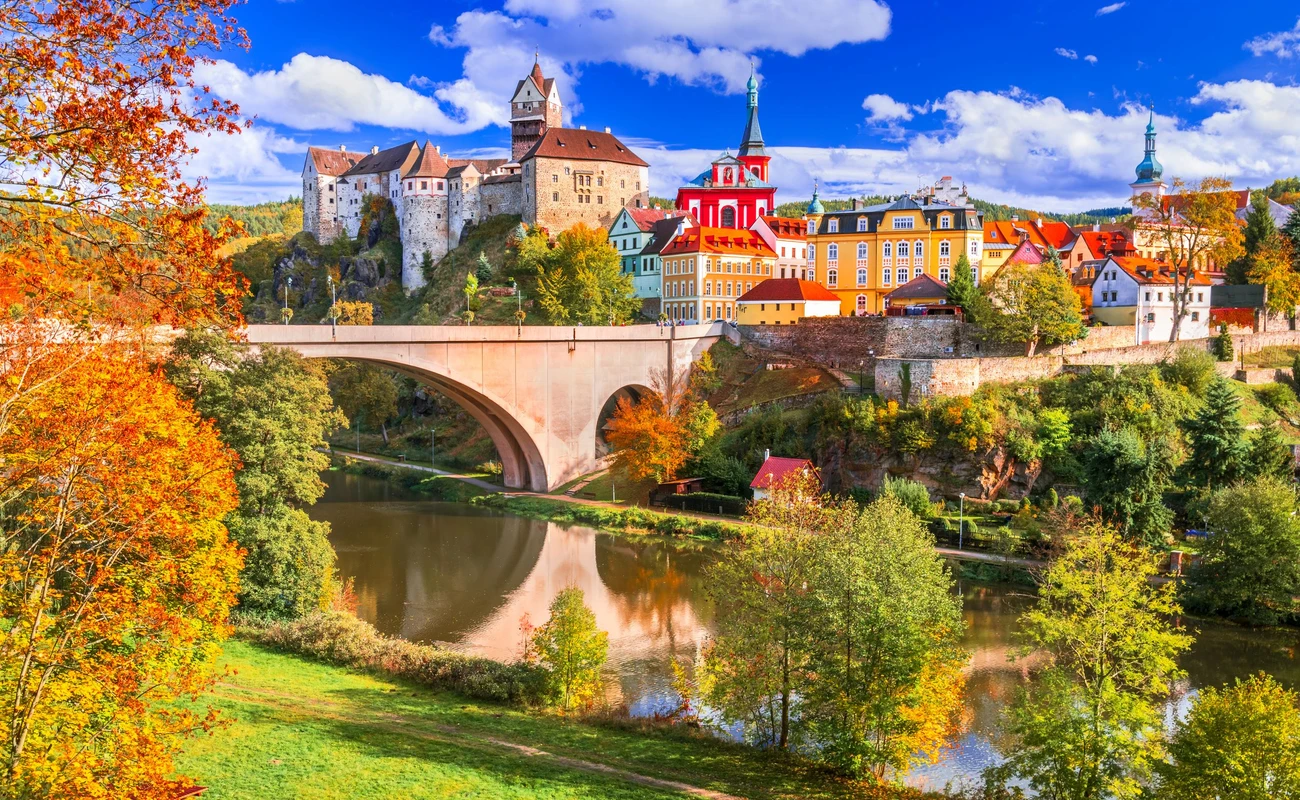 Loket, Czech Republic. Charming colorful old town in Sudetenland, Ohre River autumn scenic in Bohemia.