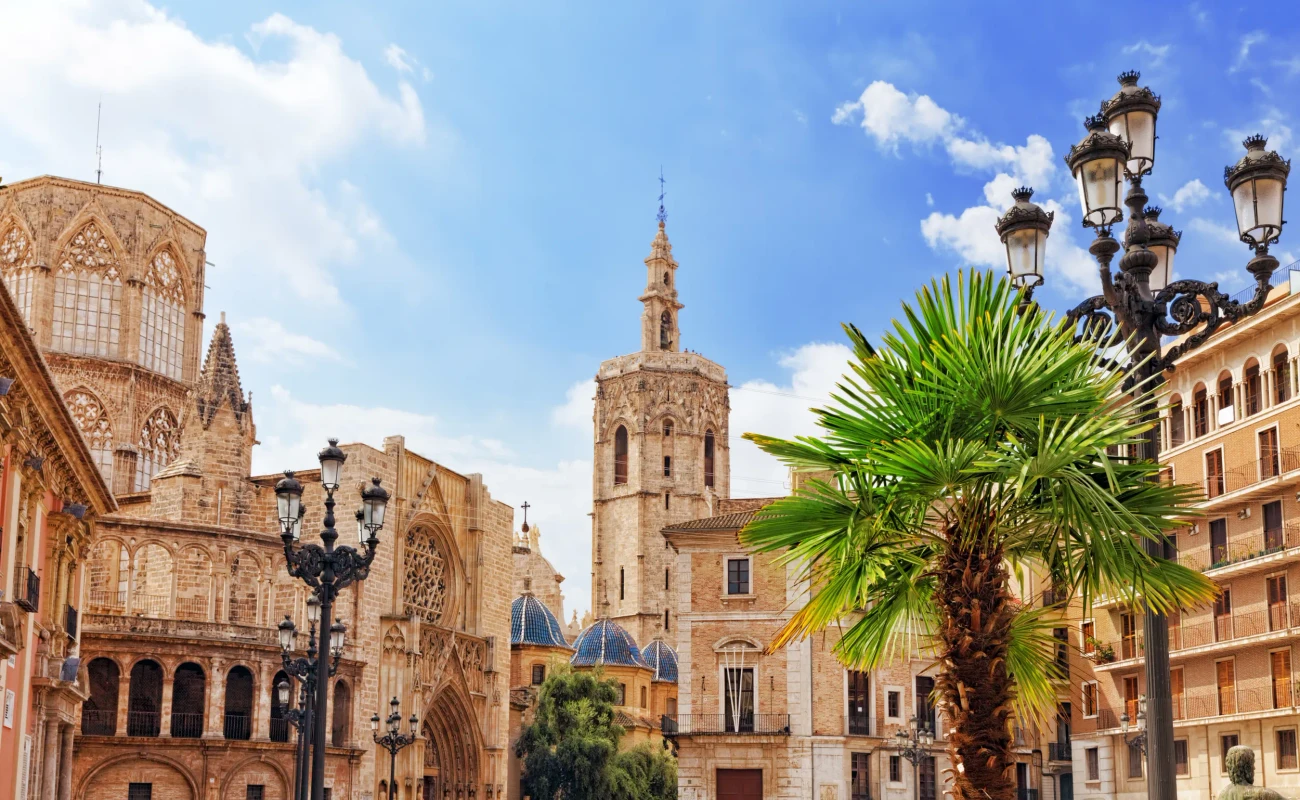 Square of Saint Mary's and Valencia  Cathedral Temple in old town.Spain .