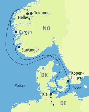 Eine Karte der Reiseroute